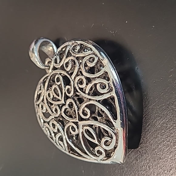 Silver tone Filigree Heart Pendant. 2" - Picture 2 of 4
